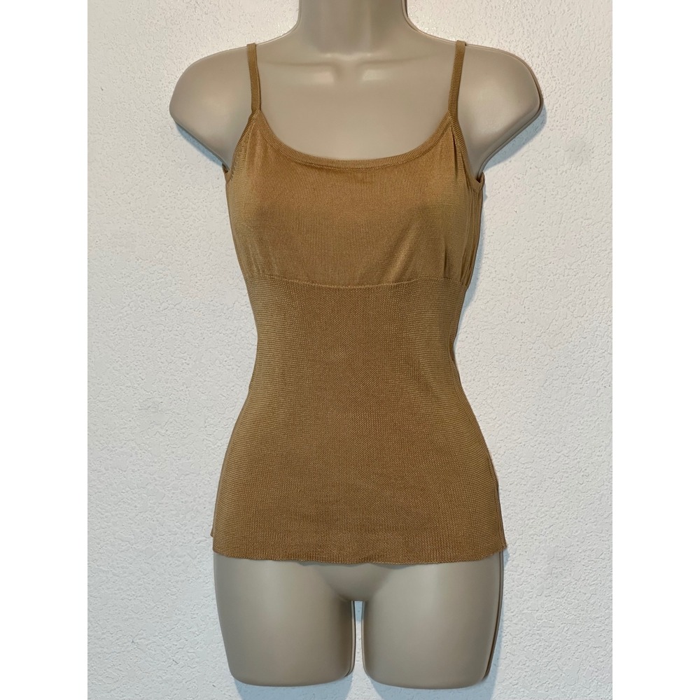 Vtg 90s DKNY 100% Silk Knit Empire Waist Camisole Top Tan Camel Large Minimalist